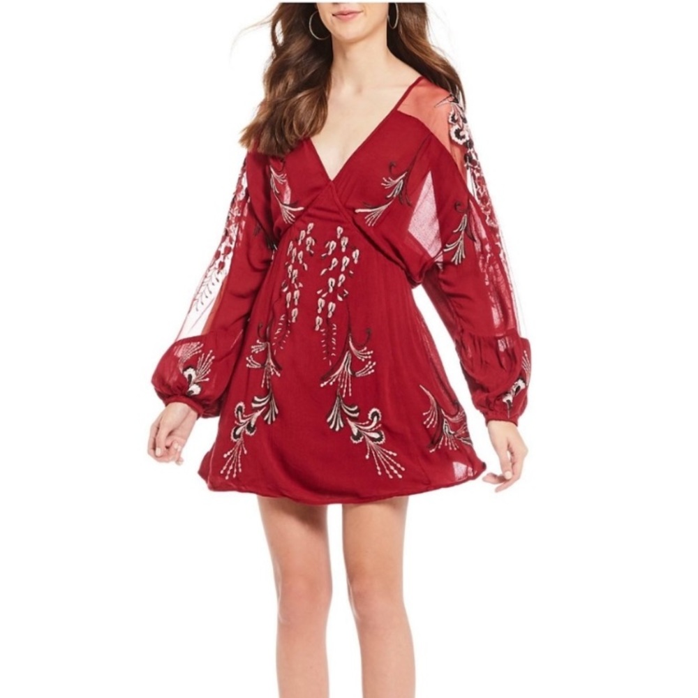 Free People Bonjour burgundy Embroidery mini dress